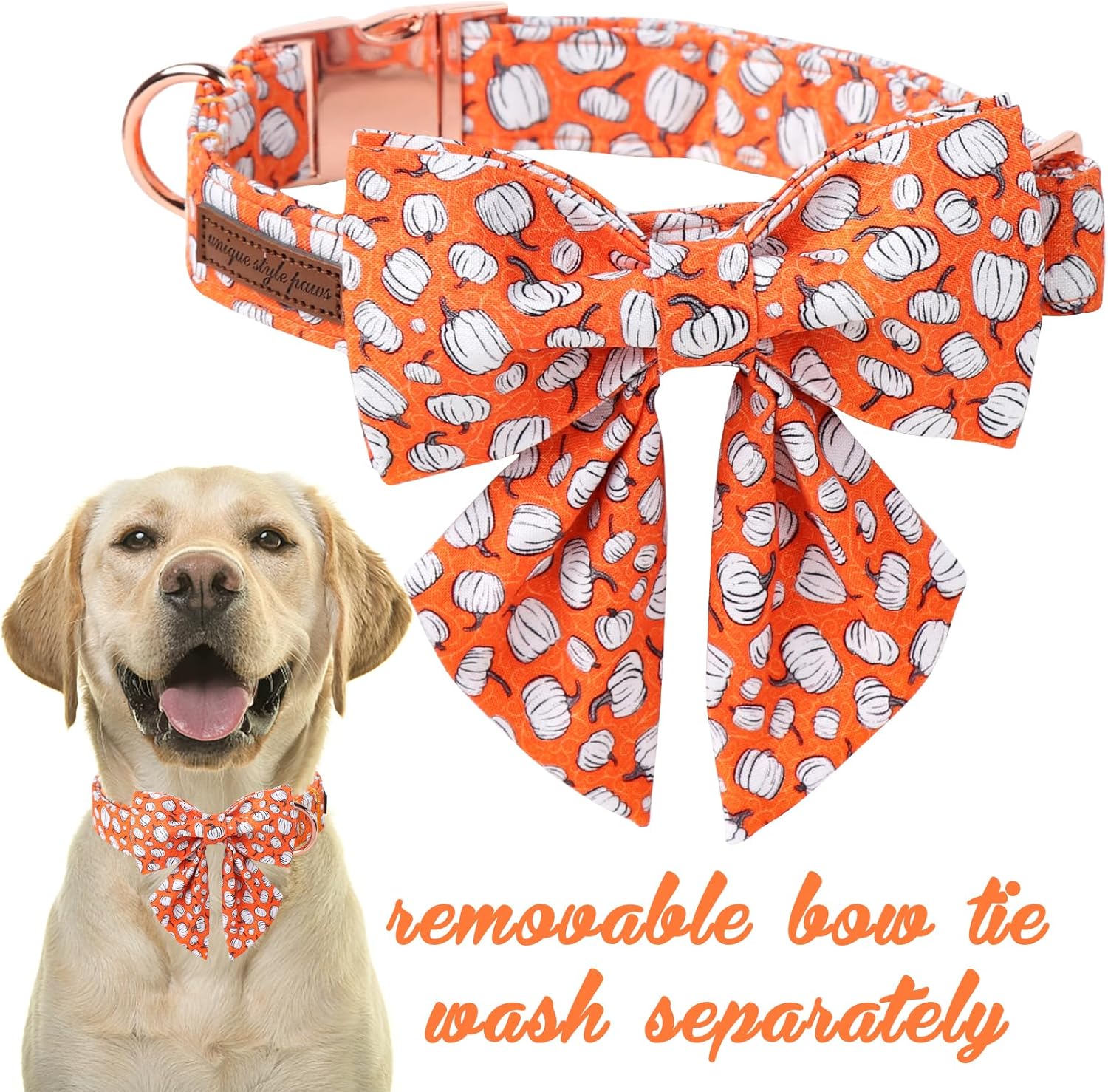 Unique Style Paws Halloween Day Dog Collar with Bowtie Line Pumpkin Cotton Dog Collars for Small Medium Large Dogs