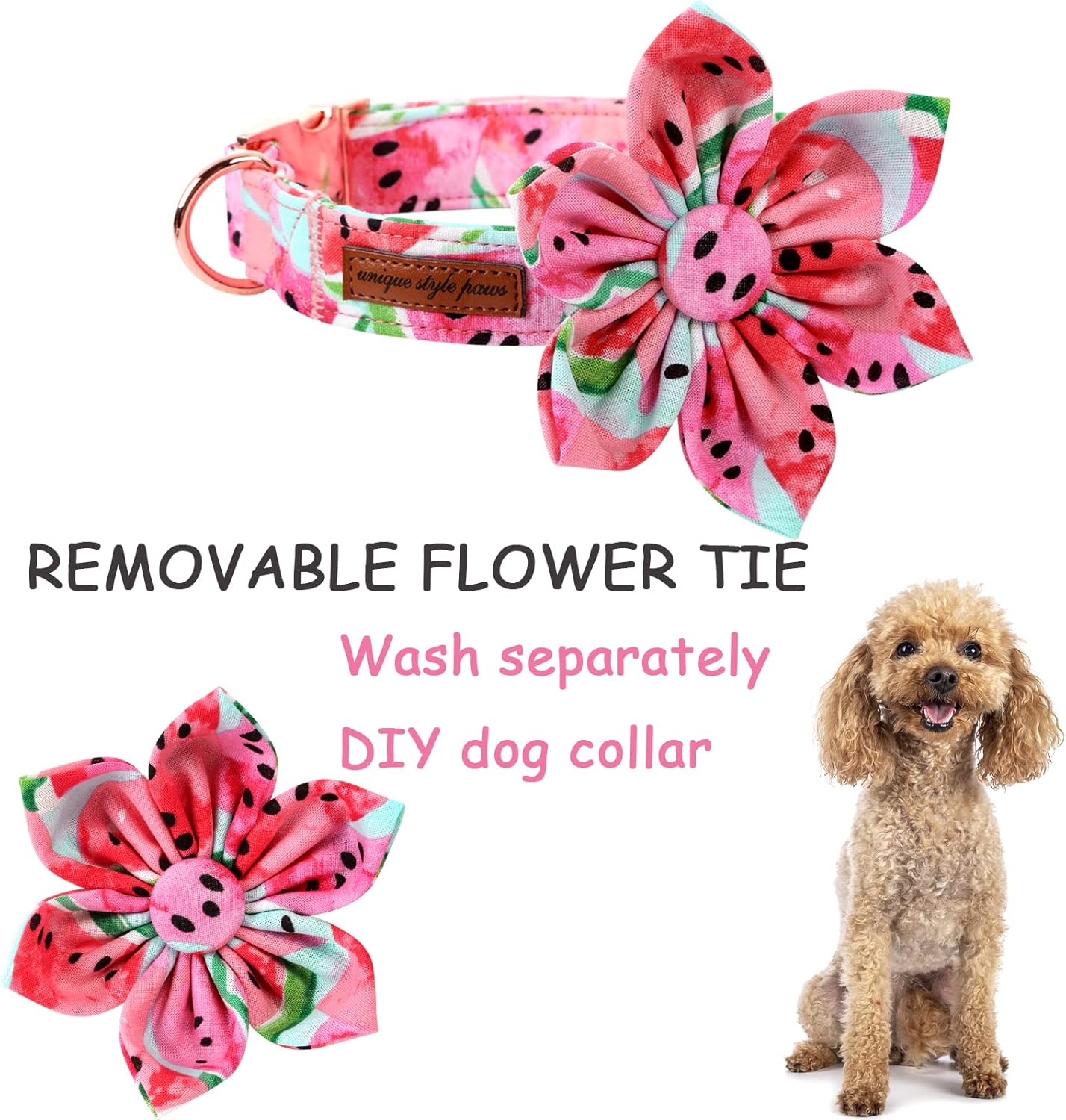 Unique style paws Dog Collar with Flower Tie Cotton Watermelon Collar Adjustable Summer Collar for Small Medium Large Dogs - XL