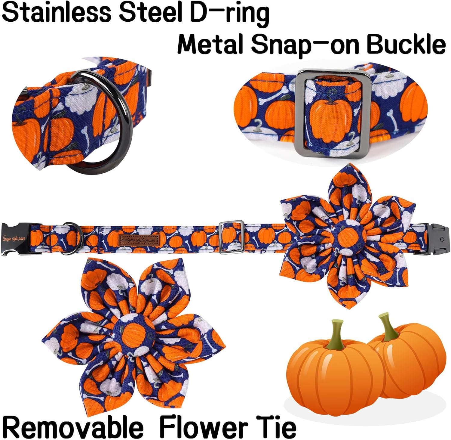 Unique Style Paws Halloween Day Dog Collar with Flower Bow Bone Pumpkin Cotton Dog Collars for Small Medium Large Dogs