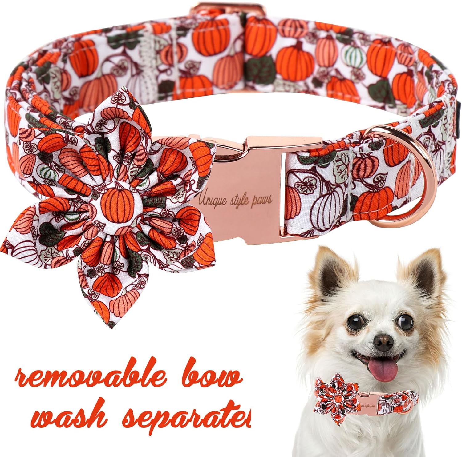 Unique Style Paws Halloween Day Dog Collar with Flower Bow Pumpkin Cotton Dog Collars for Small Medium Large Dogs