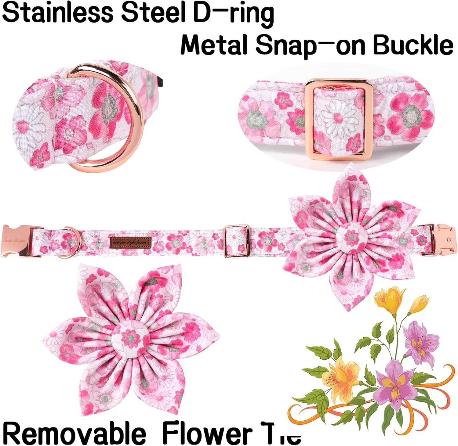 Unique Style Paws Summer Dog Collar with Floral Bow,Pink Bow Tie Puppy Collar,Flower Pattern Dog Bow Collar for Small,Medium,Large Dogs&Cats