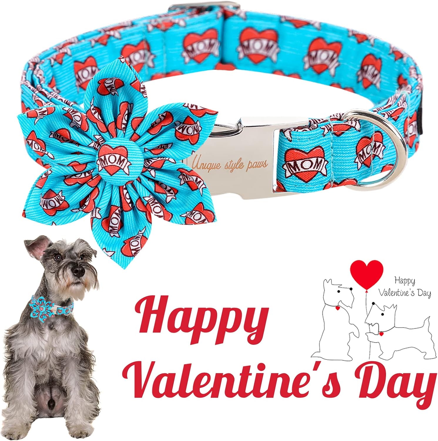 Unique style paws Valentine's Day Dog Collar with Flower Tie Blue Heart Puppy Collar Best Gift for Small Medium Large Boys Girls