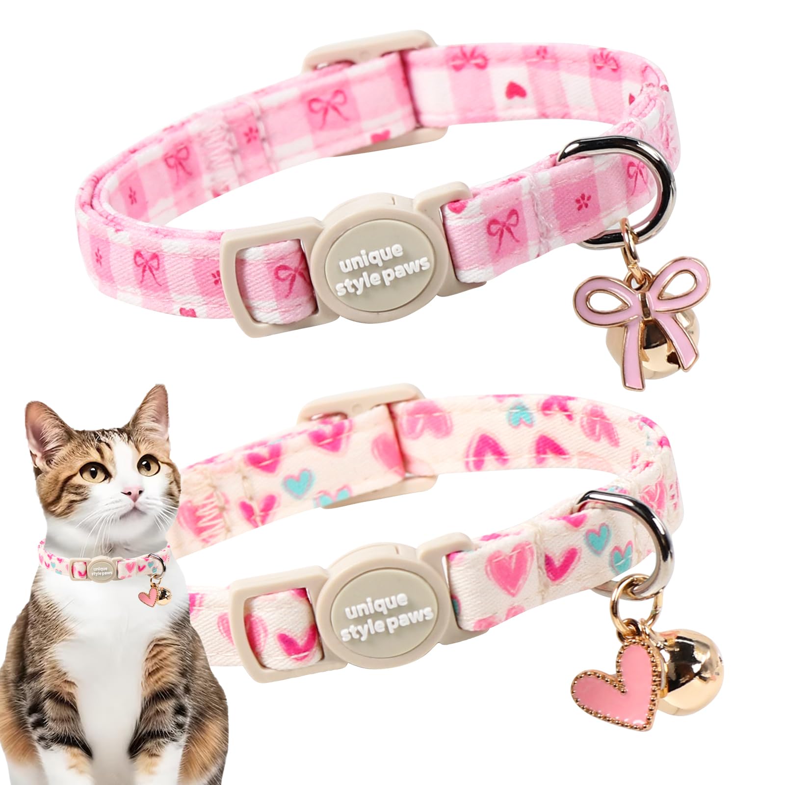 Unique style paws 2 Pack Valentine Kitten Collar Breakaway with Bell&Pendant, Adjustable Safety Colorful Love Heart Pink Bow Cat Cotton Collar for Girl Boy Cat and Small Pet