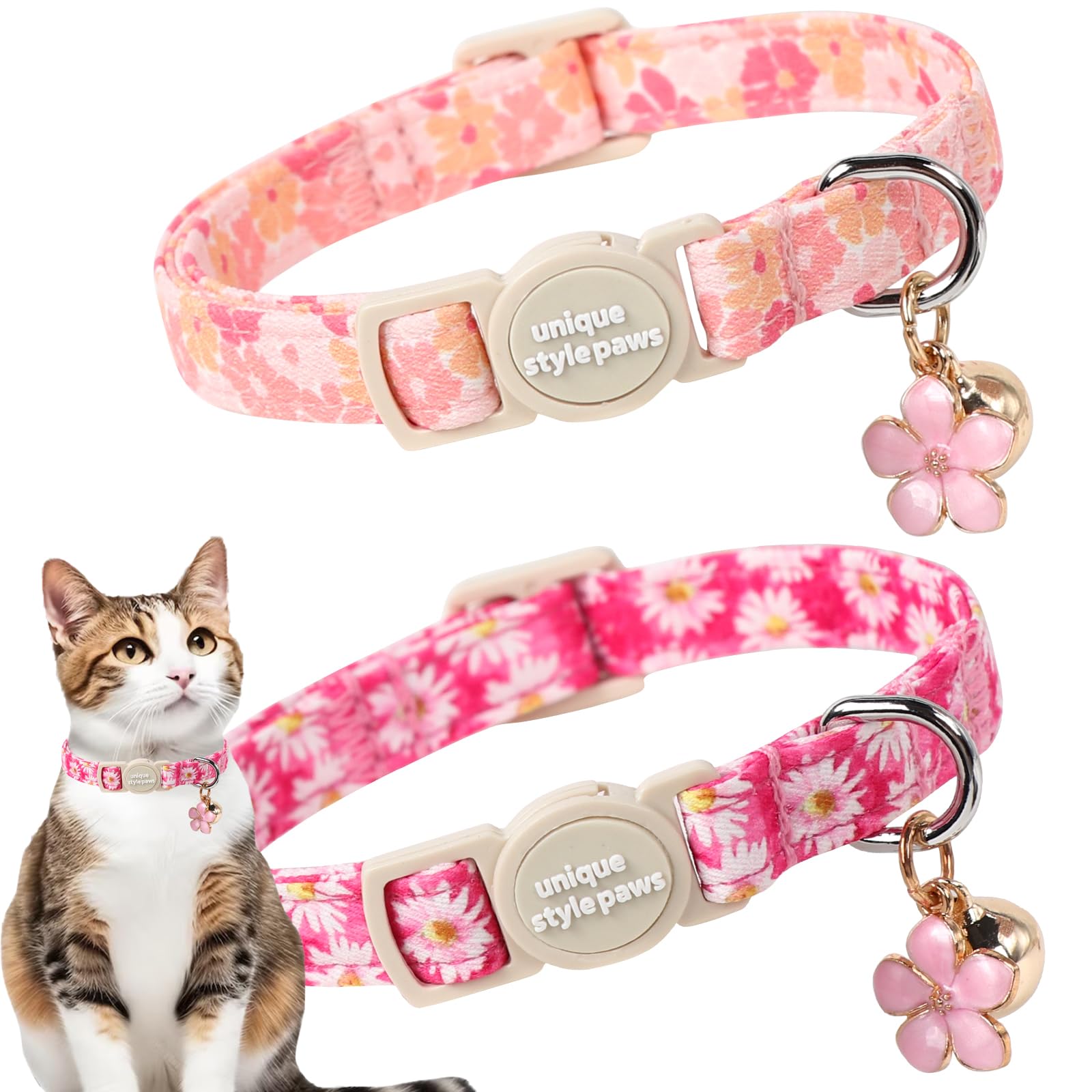 Unique style paws 2 Pack Spring Summer Kitten Collar Breakaway with Bell&Pendant, Adjustable Safety Rose Daisy Flower Cat Cotton Collar for Girl Boy Cat and Small Pet