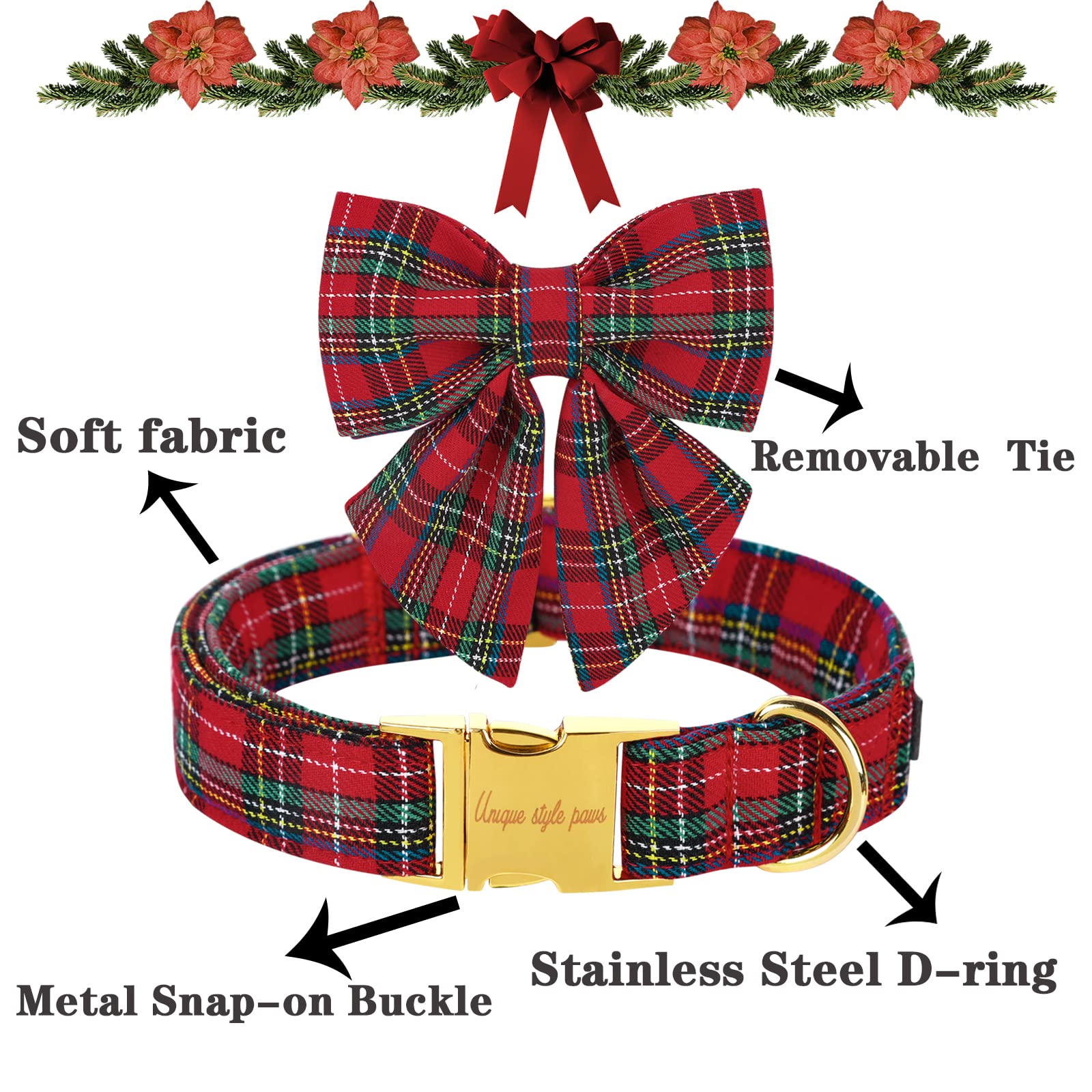 Unique style paws Christmas Dog Collar with Bow Tie Scottish Plaid Puppy Collar for Small Medium Large Dogs as Holiday Autumn Winter Gifts