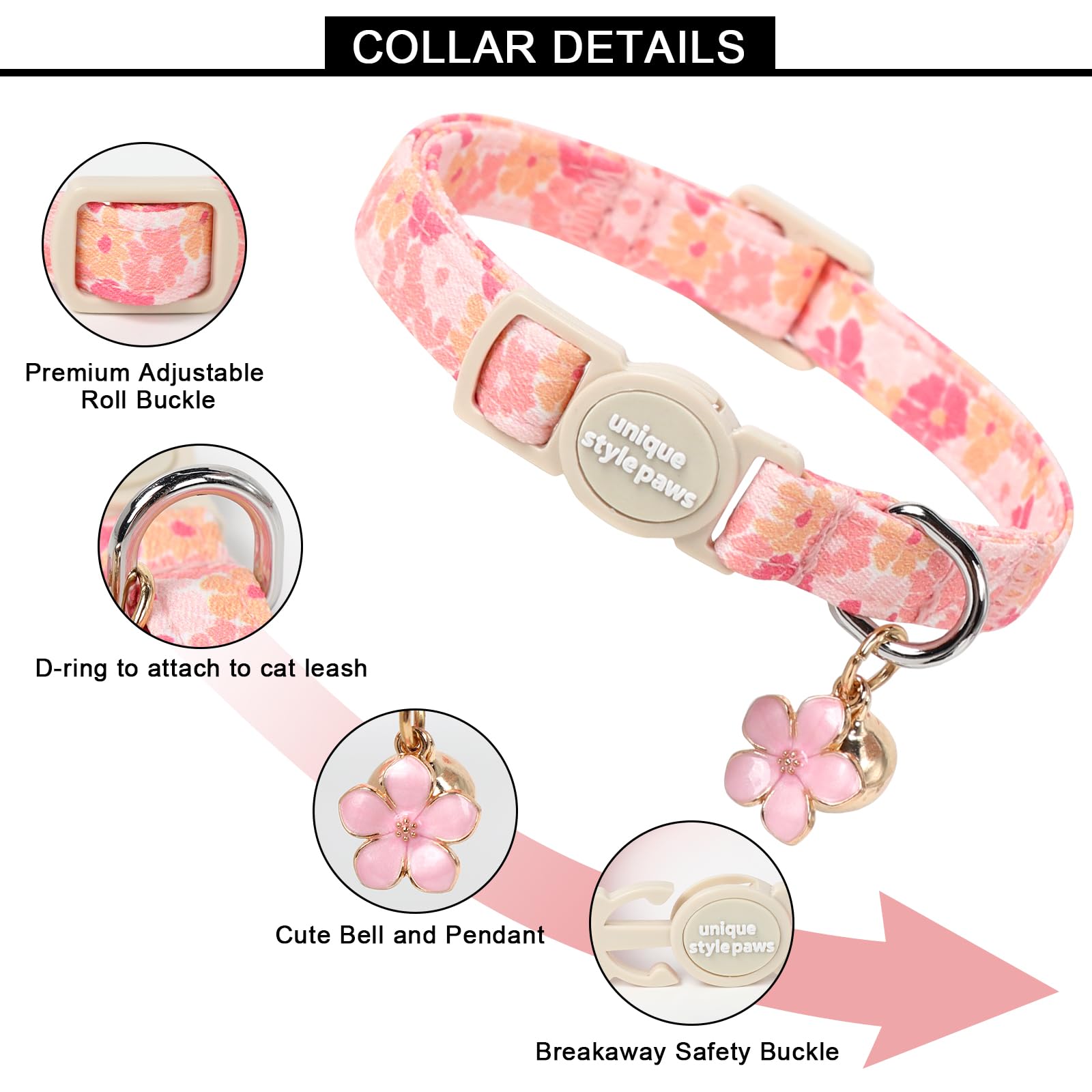 Unique style paws 2 Pack Spring Summer Kitten Collar Breakaway with Bell&Pendant, Adjustable Safety Rose Daisy Flower Cat Cotton Collar for Girl Boy Cat and Small Pet