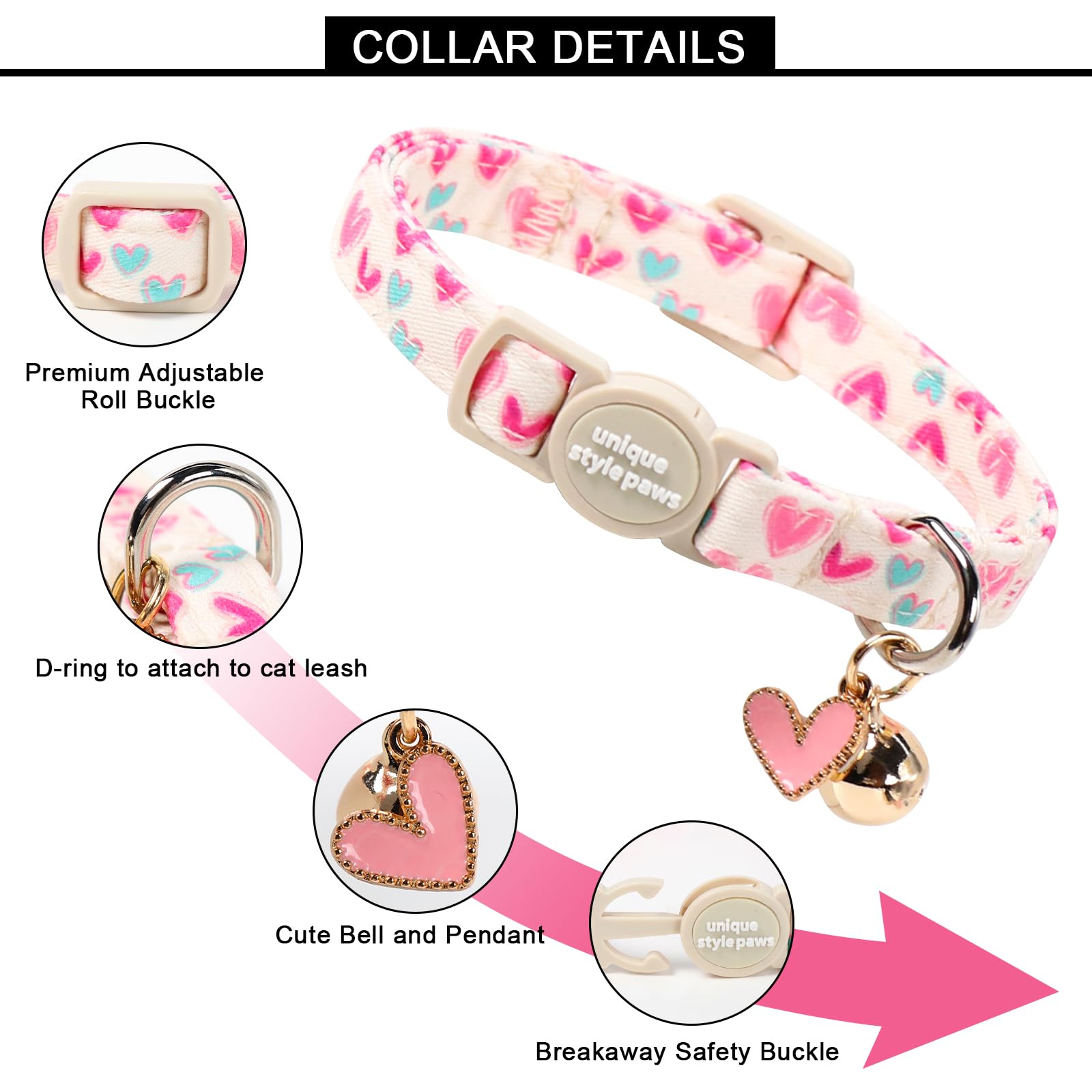 Unique style paws 2 Pack Valentine Kitten Collar Breakaway with Bell&Pendant, Adjustable Safety Colorful Love Heart Pink Bow Cat Cotton Collar for Girl Boy Cat and Small Pet