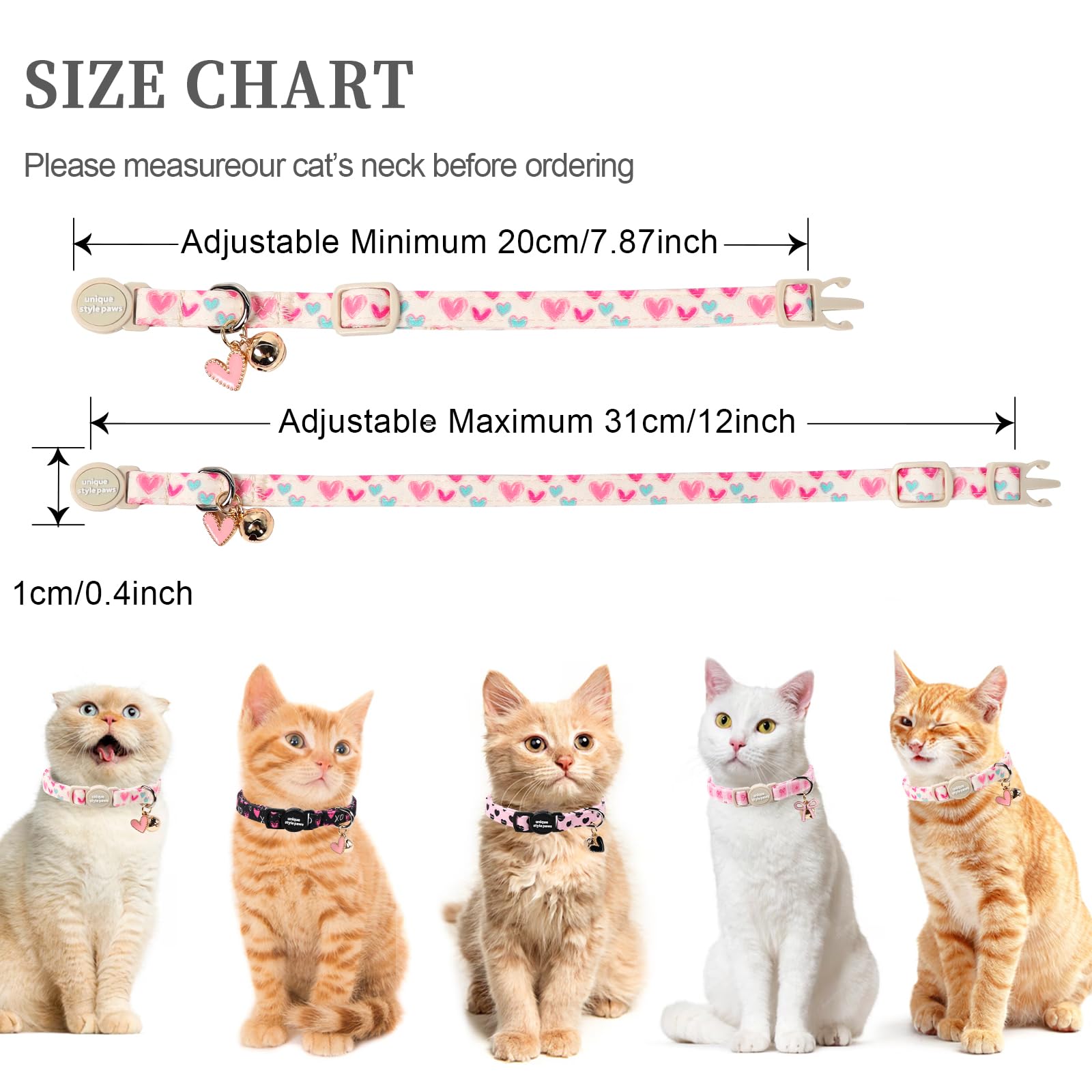 Unique style paws 2 Pack Valentine Kitten Collar Breakaway with Bell&Pendant, Adjustable Safety Colorful Love Heart Pink Bow Cat Cotton Collar for Girl Boy Cat and Small Pet