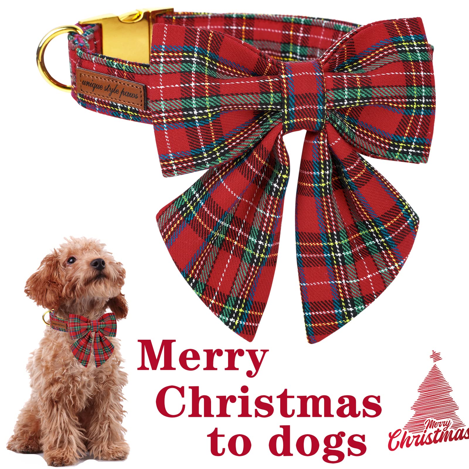Unique style paws Christmas Dog Collar with Bow Tie Scottish Plaid Puppy Collar for Small Medium Large Dogs as Holiday Autumn Winter Gifts