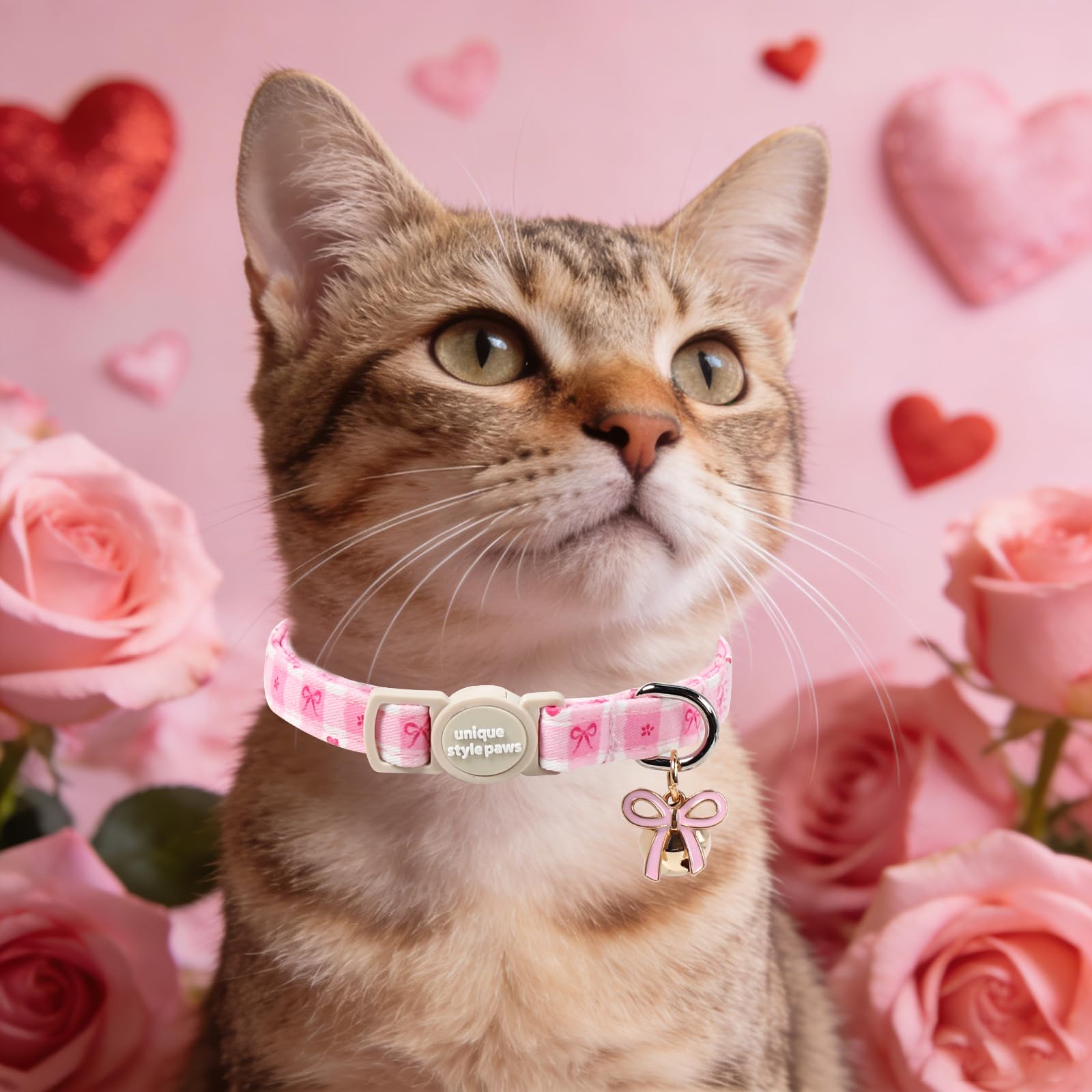 Unique style paws 2 Pack Valentine Kitten Collar Breakaway with Bell&Pendant, Adjustable Safety Colorful Love Heart Pink Bow Cat Cotton Collar for Girl Boy Cat and Small Pet